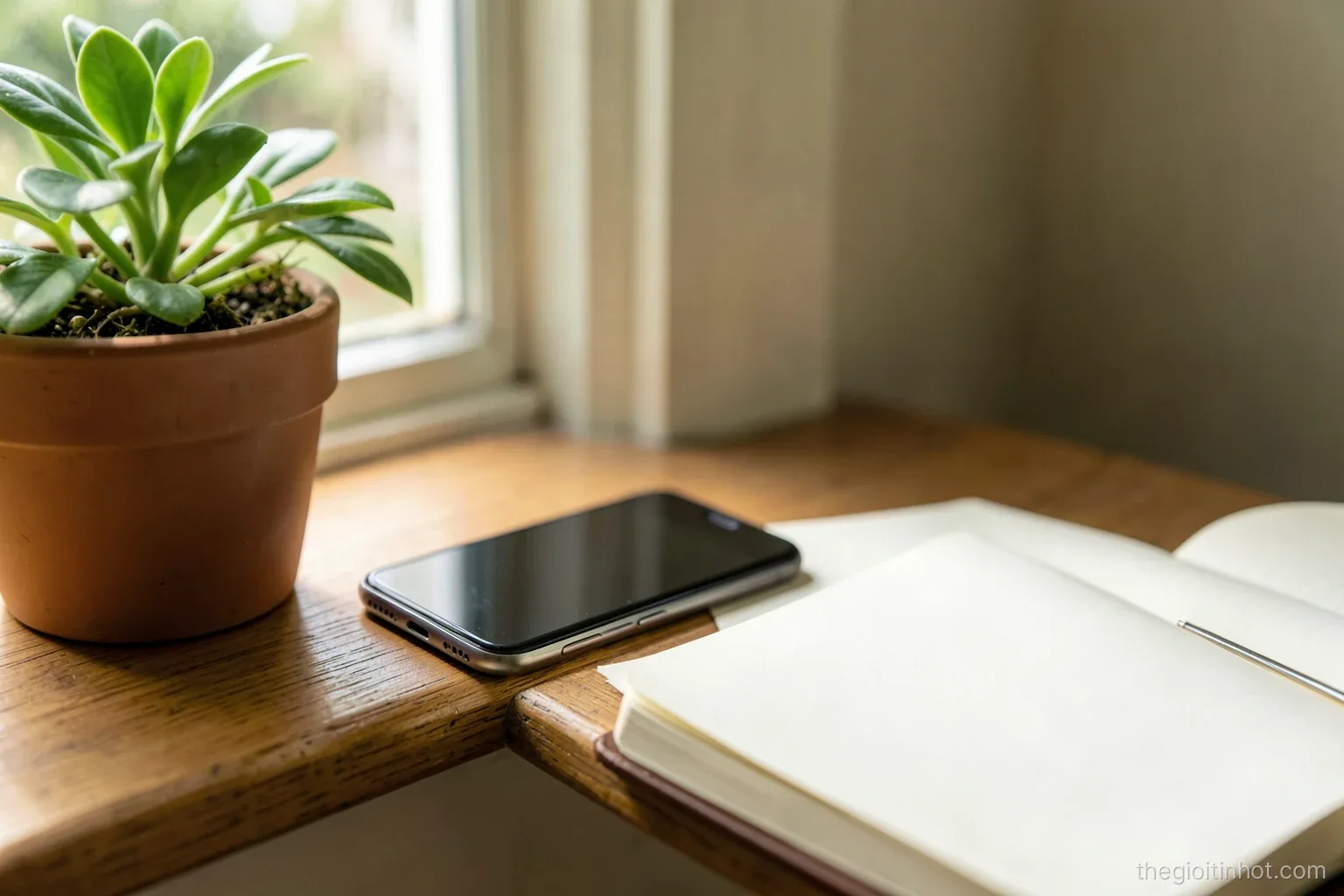 Smartphone resting face down on a wooden windowsill beside a potted plant and an open notebook with blank pages, morning sunlight, calm green and cream palette, close-up