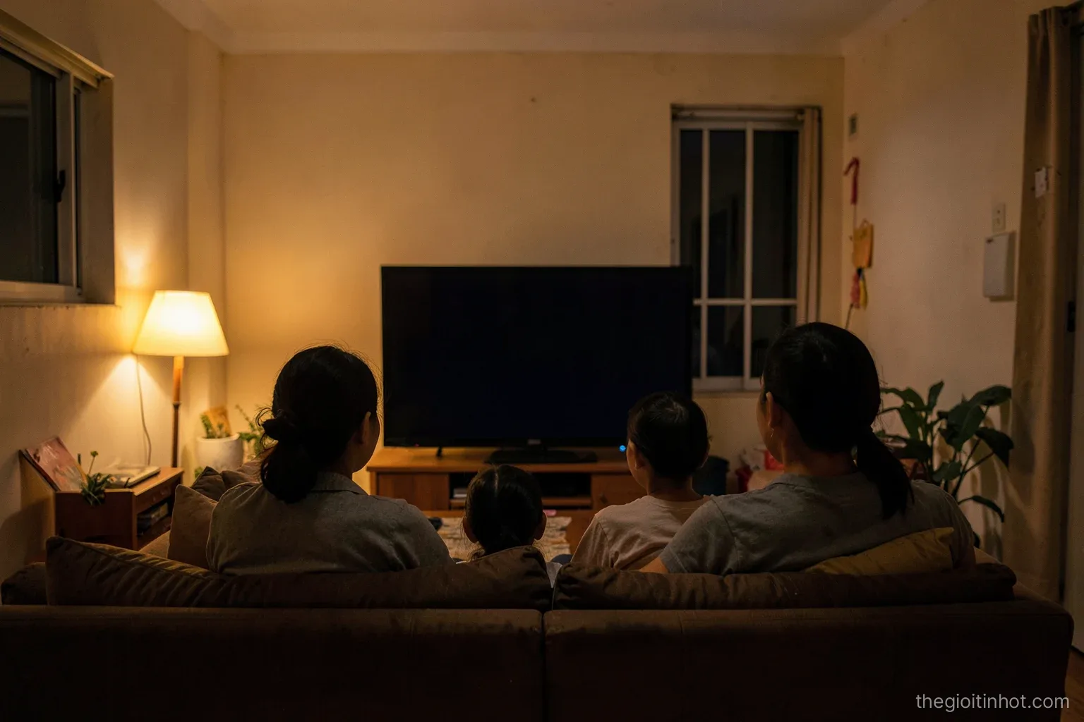 Wide shot of a small Hanoi apartment living room at night, a family of three on a sofa seen from behind watching a television with a dark blank screen, warm lamp glow