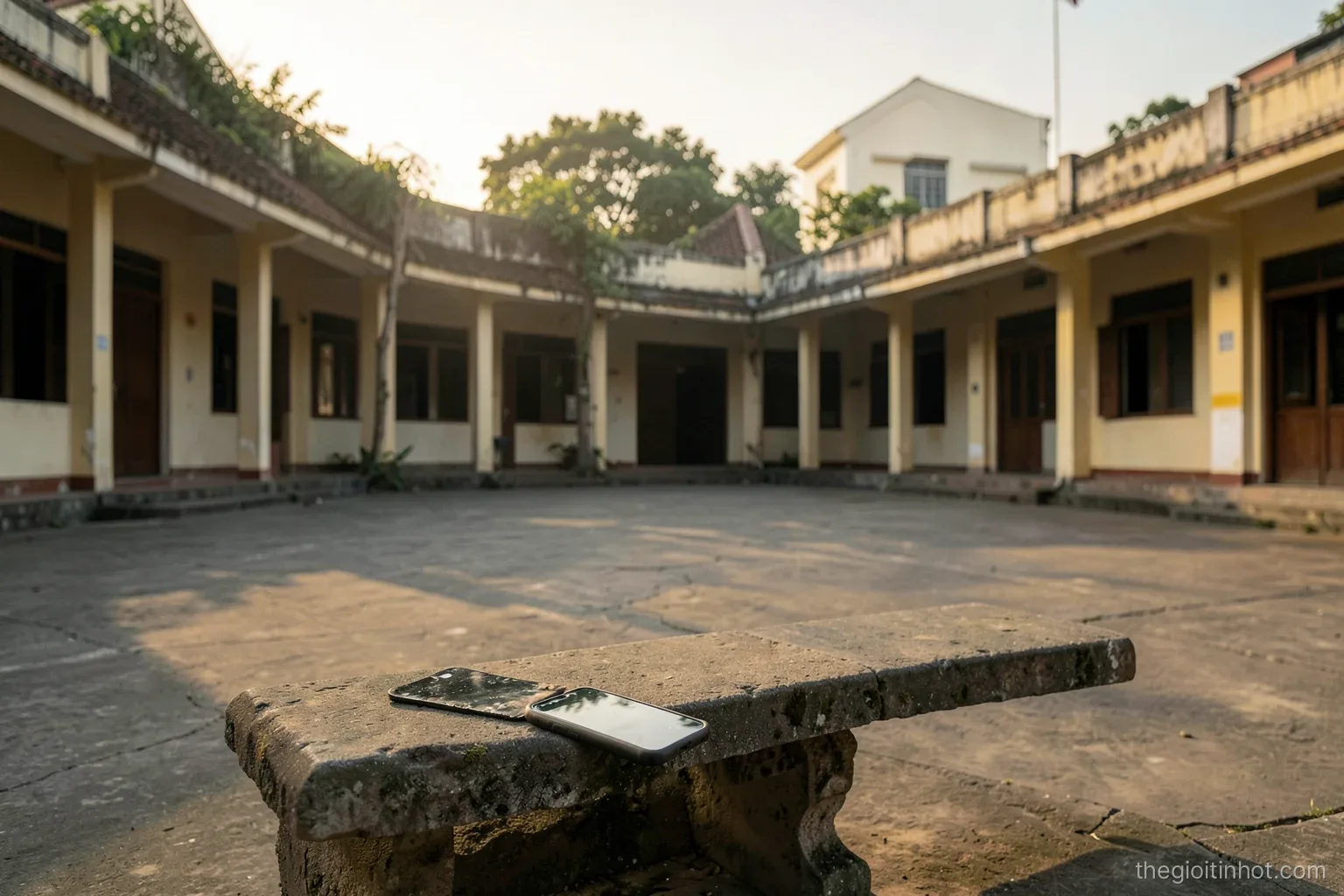 Wide view of an empty Vietnamese school courtyard at dawn with a single phone face down on a stone bench, long soft shadows, pale gold and slate palette, quiet mood