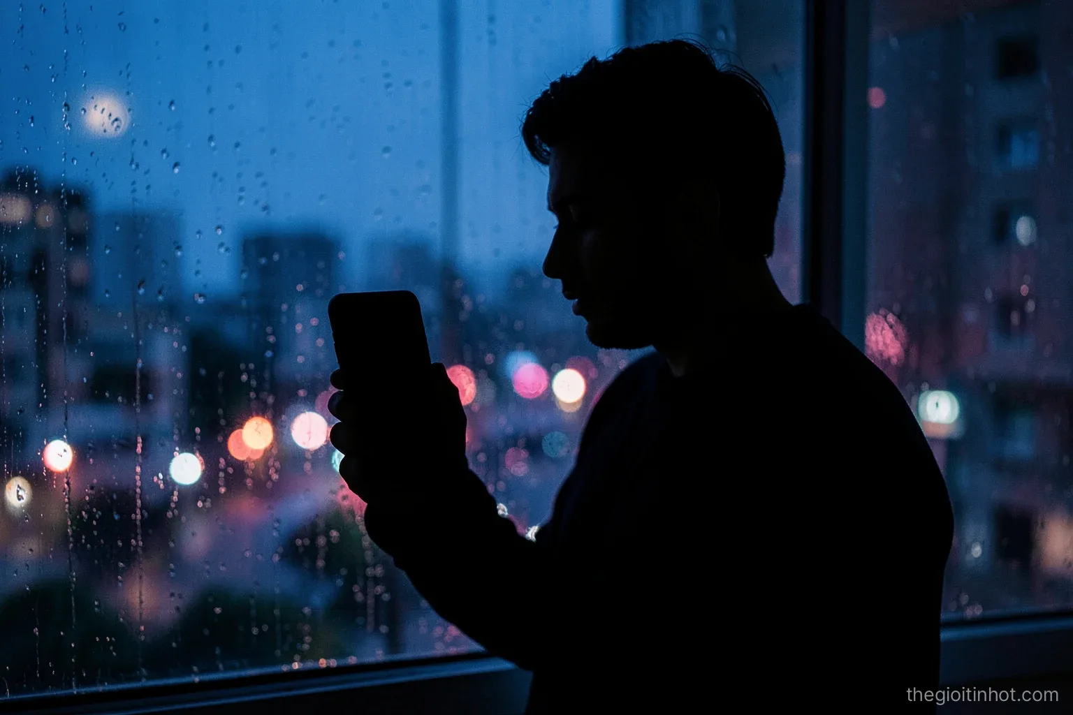 Silhouette of a young man standing by a rainy apartment window at night holding a phone with a dark blank screen, city lights blurred outside, moody cool blue and magenta tones