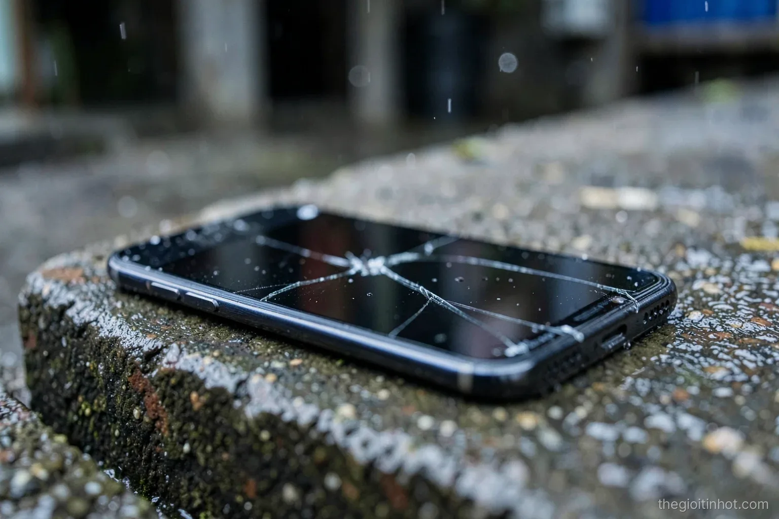 Macro shot of a cracked smartphone lying face down on a wet concrete step outside a Vietnamese shophouse, raindrops, shallow depth of field, cold grey and rust tones