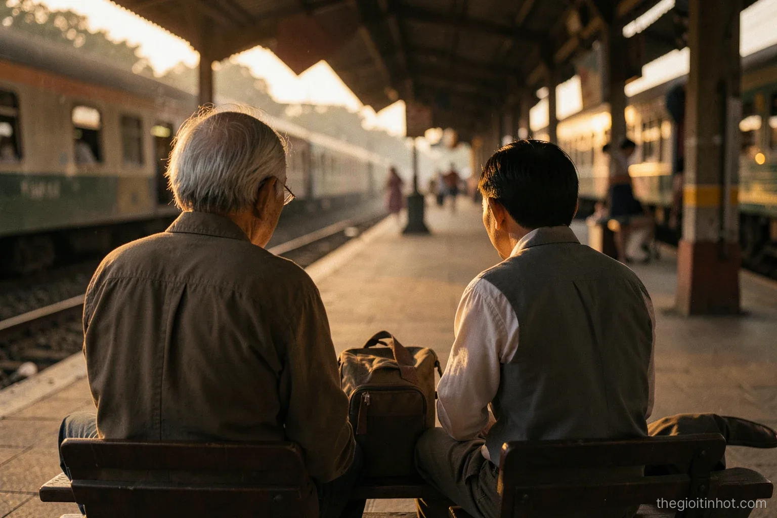 Over-the-shoulder view of an elderly father and adult son on a train station bench in Vietnam at dusk, a small travel bag between them, warm low sun, soft grain, earthy tones