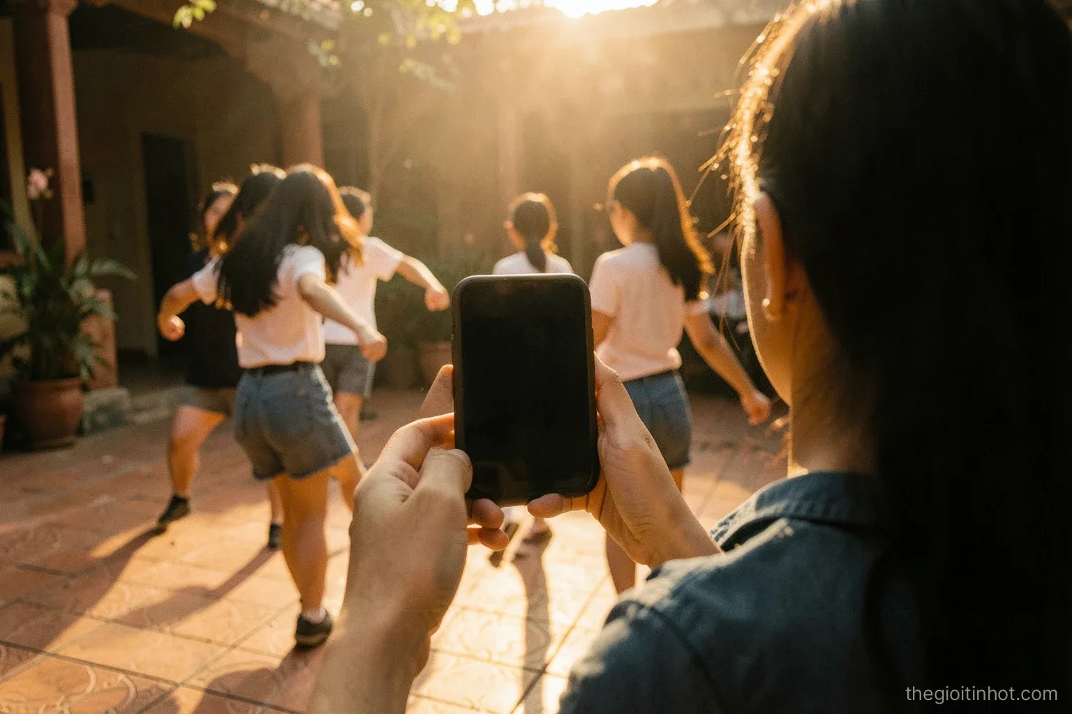 Low angle view of teenage girls dancing in a tiled Vietnamese courtyard, filmed from behind by a friend holding a phone with a dark blank screen, golden hour backlight, dusty warm palette