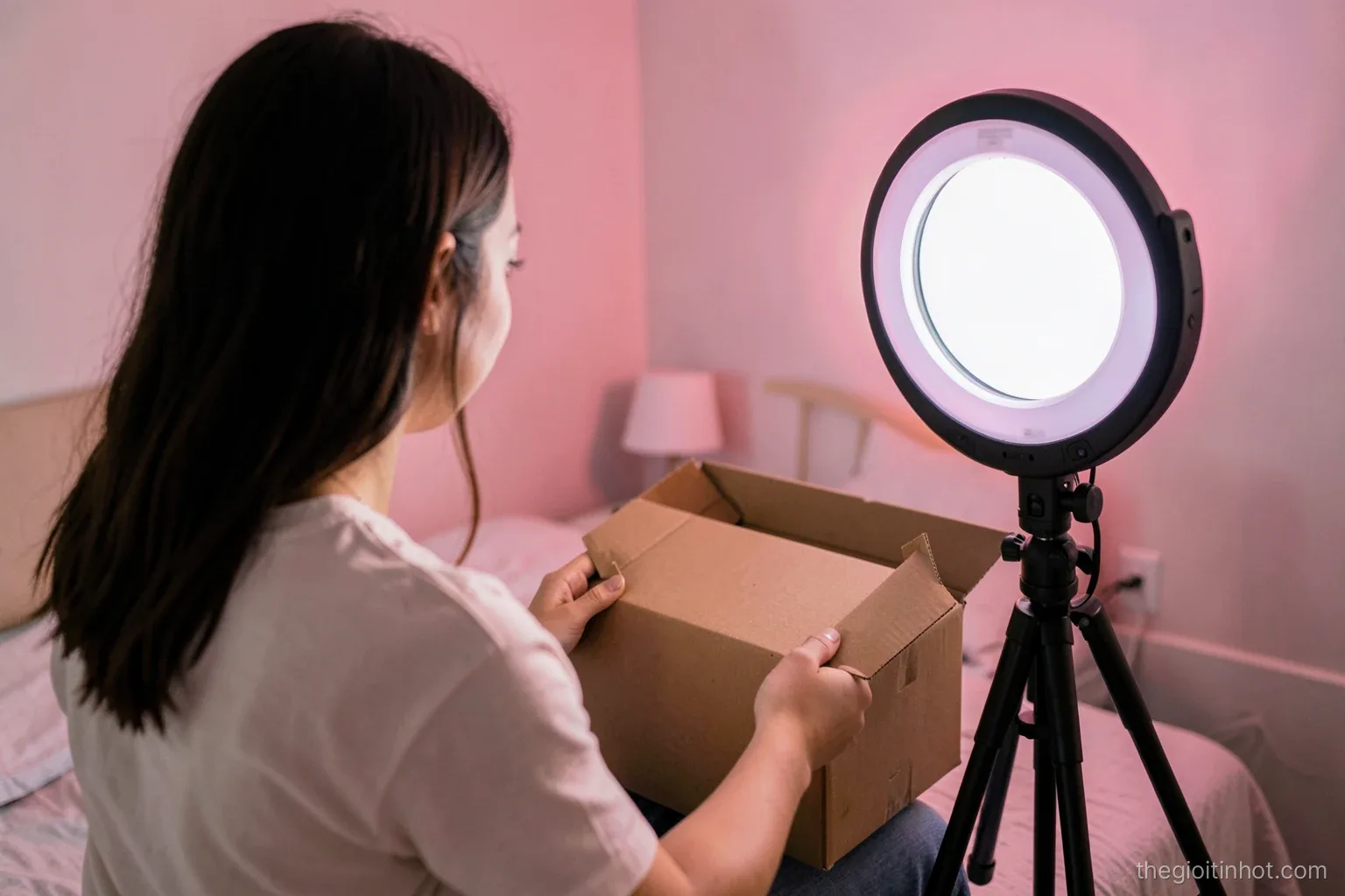 Over-the-shoulder shot of a young woman in a small bedroom unboxing a plain unmarked cardboard parcel, a ring light and phone on tripod with blank screen beside her, soft pink light