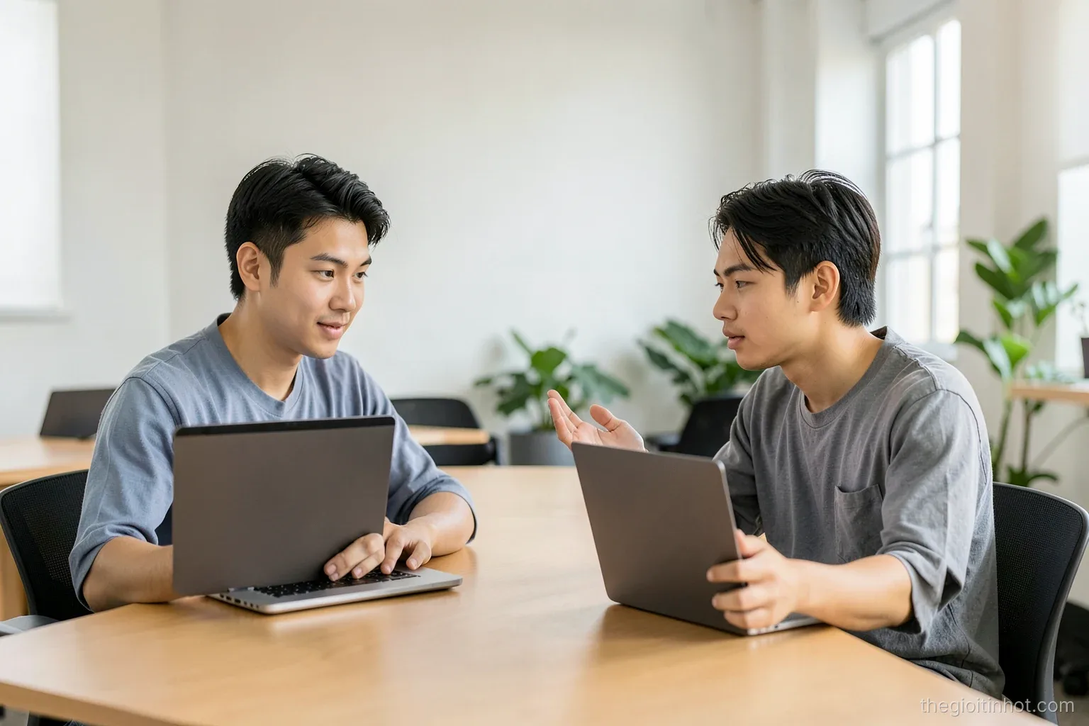 Two young Vietnamese colleagues sitting at a long table in a bright co-working space, each looking at a laptop with blank display, one gesturing calmly, wide shot, soft daylight