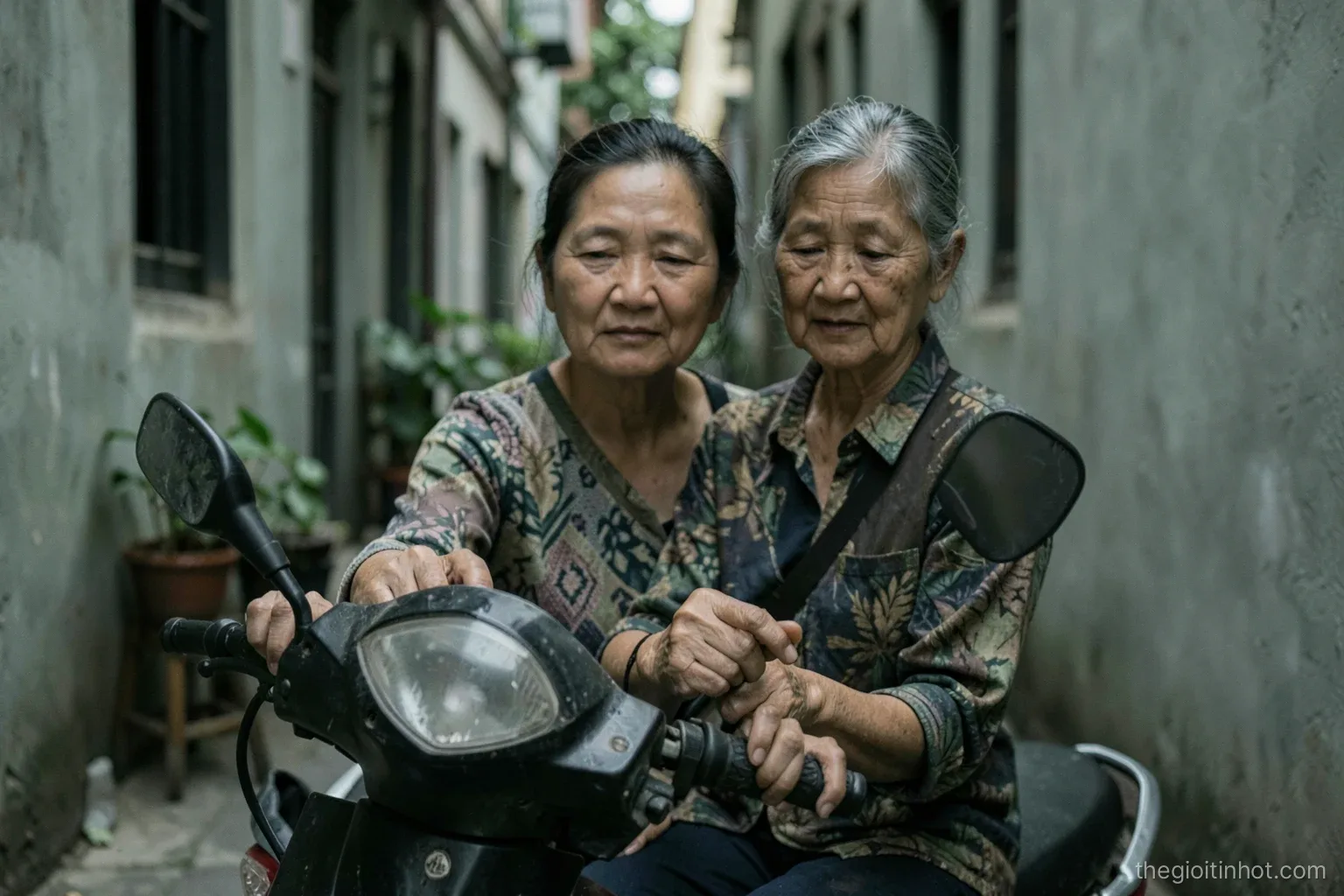 Close view of an older woman seated on a parked motorbike in a narrow Hanoi alley, thumb hovering over a phone with a blank screen, soft overcast light, muted green and grey palette