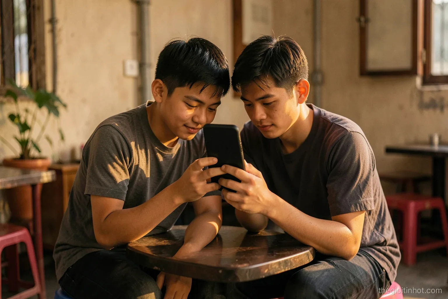 Two young friends on plastic stools at a Saigon street cafe leaning together over one phone with a blank dark screen, late afternoon side light, shallow focus, warm amber tones